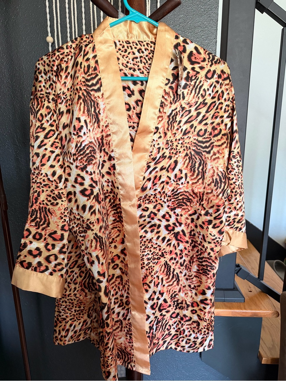 Leopard Satin Kimono Robe with Gold Trim - Women’s Loungewear